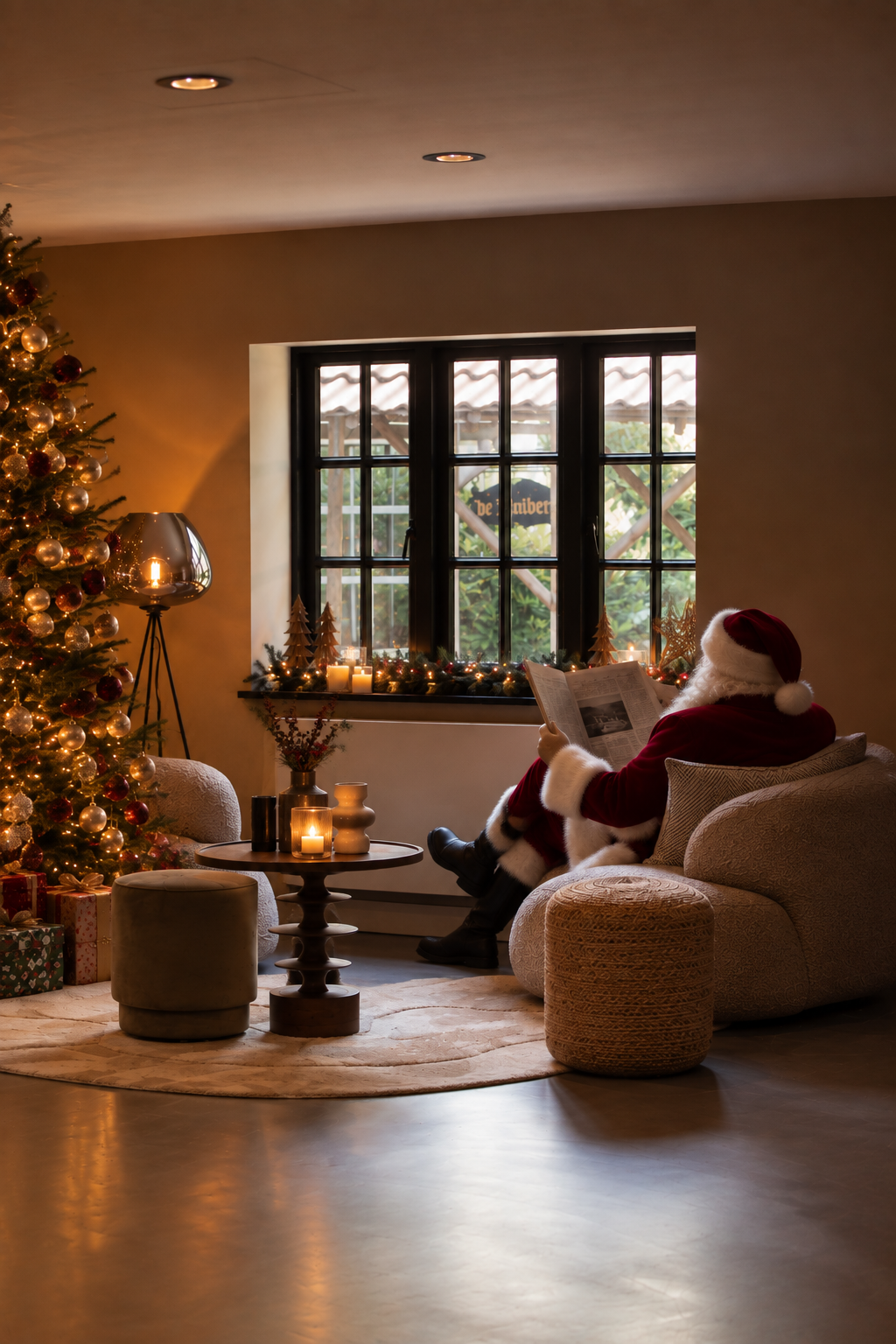 Gezellige kersthoek met lezende kerstman.png